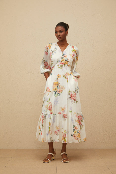 Aurohaya Noémie White Floral Print V-Neck Midi Dress