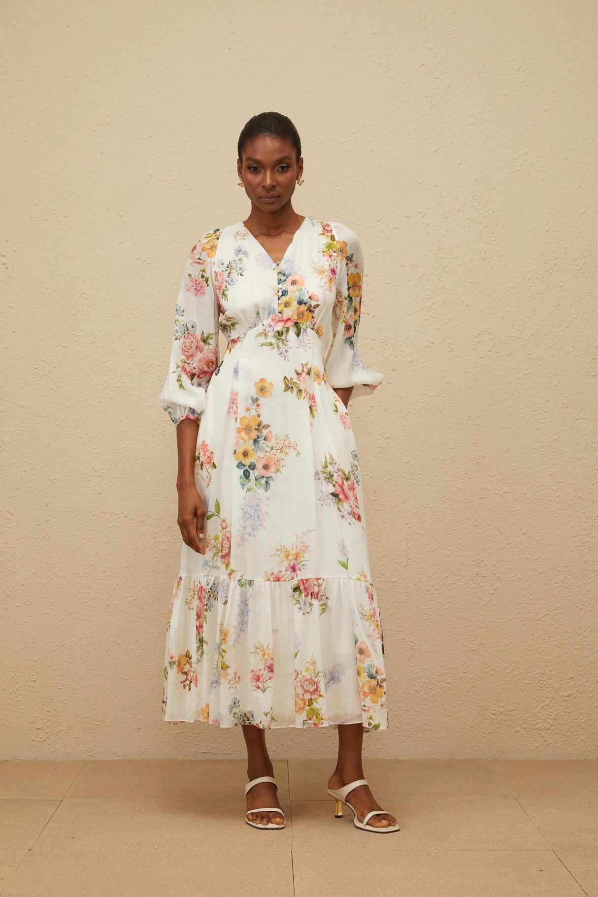 Aurohaya Noémie White Floral Print V-Neck Midi Dress