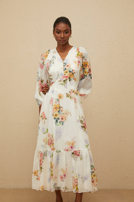 Aurohaya Noémie White Floral Print V-Neck Midi Dress
