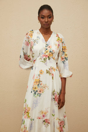 Aurohaya Noémie White Floral Print V-Neck Midi Dress