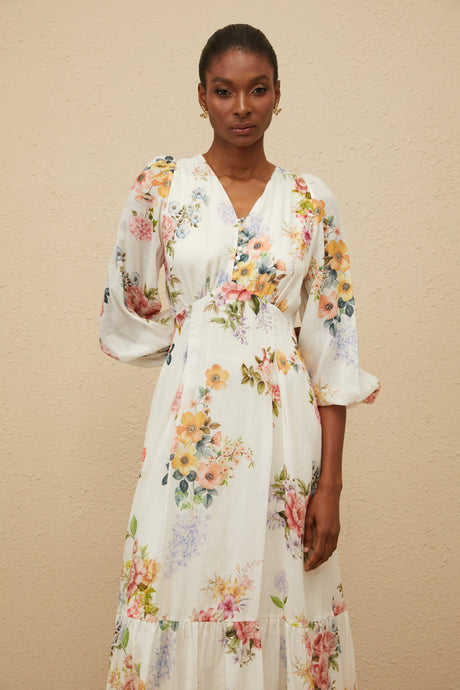 Aurohaya Noémie White Floral Print V-Neck Midi Dress