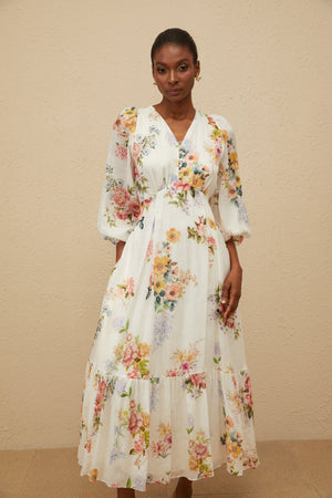 Aurohaya Noémie White Floral Print V-Neck Midi Dress