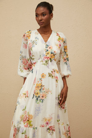 Aurohaya Noémie White Floral Print V-Neck Midi Dress
