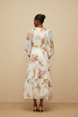 Aurohaya Noémie White Floral Print V-Neck Midi Dress