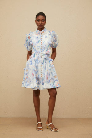 Aurohaya Pétunia Blue Shirred Floral Mini Dress