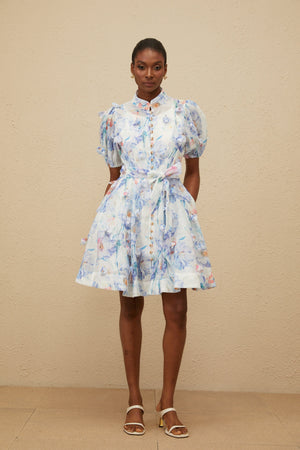 Aurohaya Pétunia Blue Shirred Floral Mini Dress