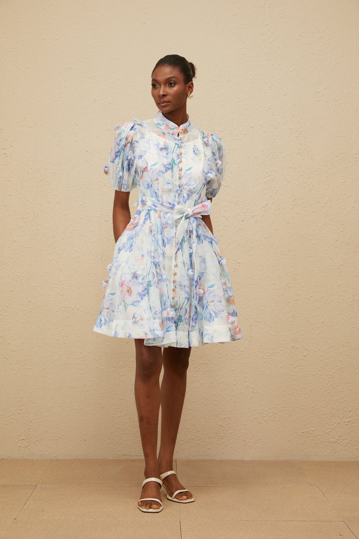 Aurohaya Pétunia Blue Shirred Floral Mini Dress
