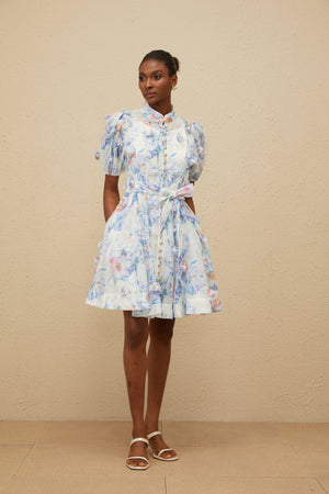 Aurohaya Pétunia Blue Shirred Floral Mini Dress