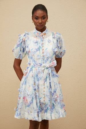 Aurohaya Pétunia Blue Shirred Floral Mini Dress
