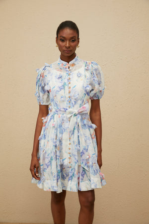 Aurohaya Pétunia Blue Shirred Floral Mini Dress