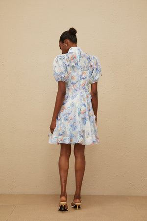 Aurohaya Pétunia Blue Shirred Floral Mini Dress