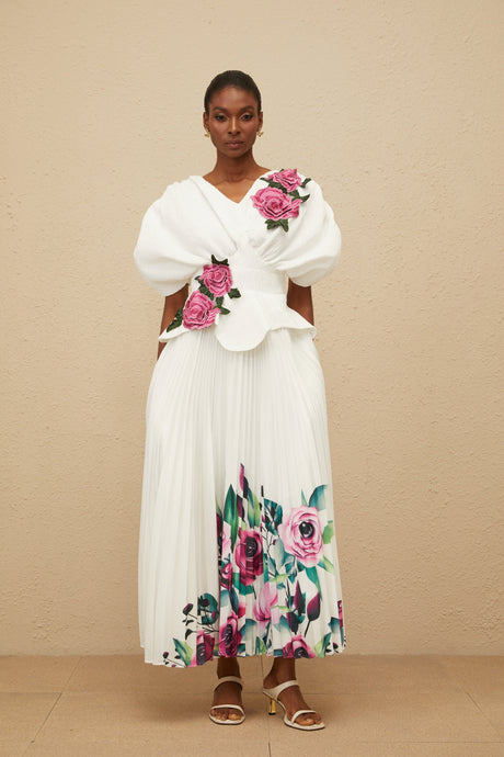 Aurohaya Pétale White Rose Appliqué Maxi Dress