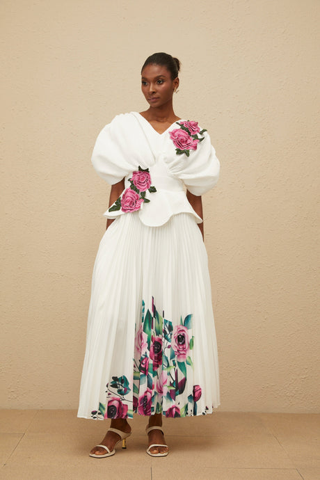 Aurohaya Pétale White Rose Appliqué Maxi Dress