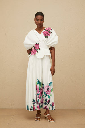 Aurohaya Pétale White Rose Appliqué Maxi Dress