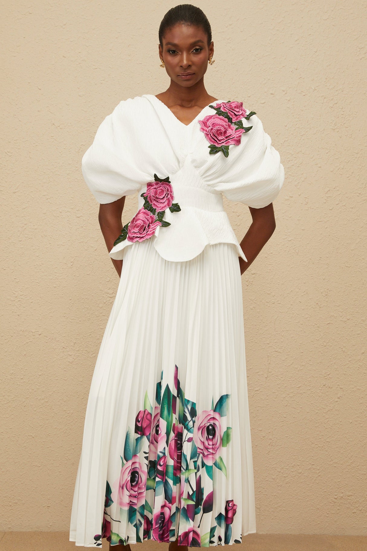 Aurohaya Pétale White Rose Appliqué Maxi Dress