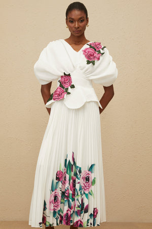 Aurohaya Pétale White Rose Appliqué Maxi Dress