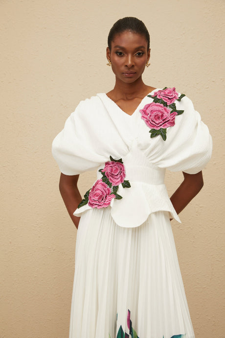 Aurohaya Pétale White Rose Appliqué Maxi Dress