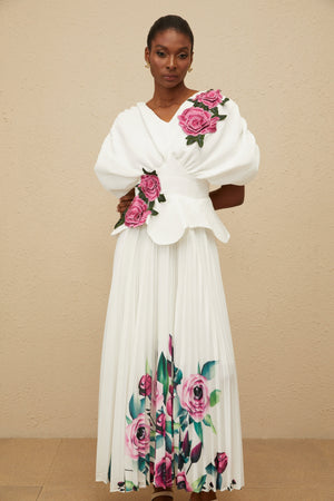 Aurohaya Pétale White Rose Appliqué Maxi Dress