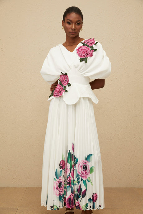 Aurohaya Pétale White Rose Appliqué Maxi Dress