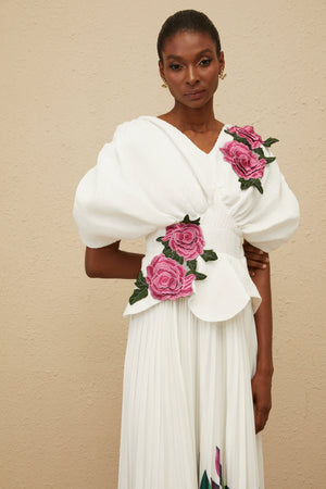 Aurohaya Pétale White Rose Appliqué Maxi Dress