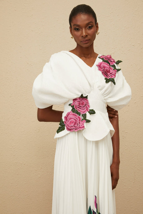 Aurohaya Pétale White Rose Appliqué Maxi Dress