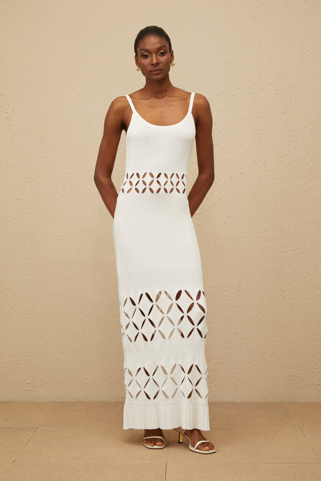 Aurohaya Blanche White Cutout Knit Maxi Dress