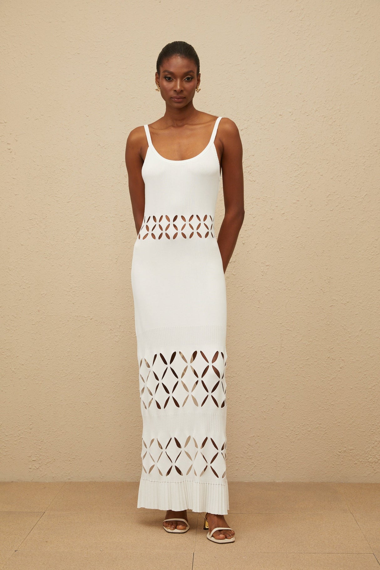 Aurohaya Blanche White Cutout Knit Maxi Dress
