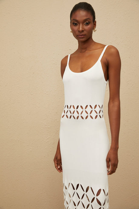 Aurohaya Blanche White Cutout Knit Maxi Dress