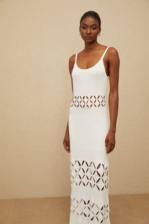 Aurohaya Blanche White Cutout Knit Maxi Dress