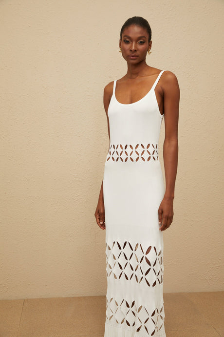 Aurohaya Blanche White Cutout Knit Maxi Dress