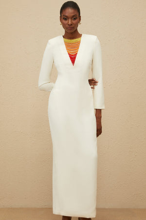 Aurohaya Rosée White Rhinestone Bead Embellished Maxi Dress
