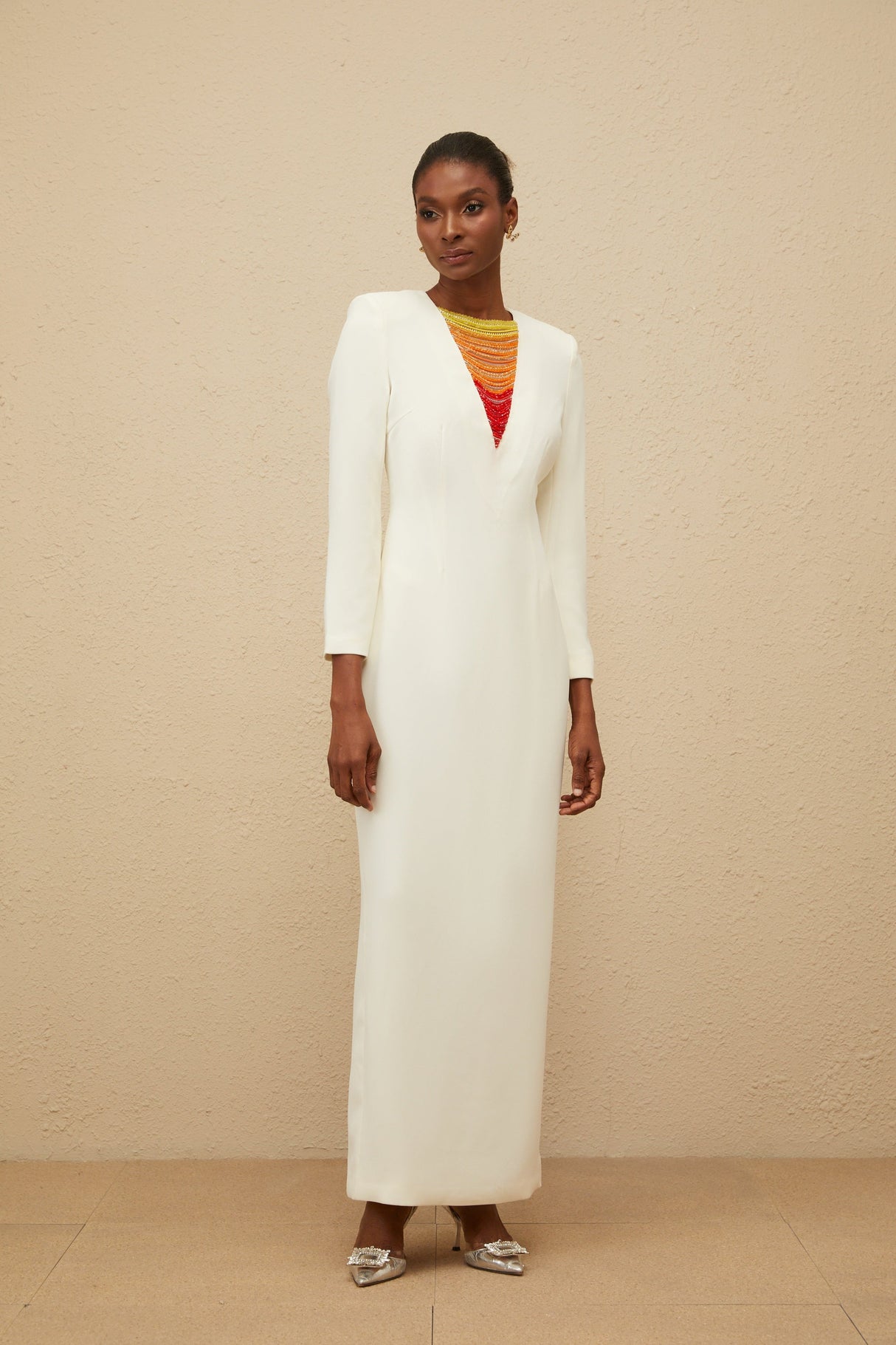 Aurohaya Rosée White Rhinestone Bead Embellished Maxi Dress