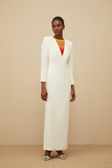 Aurohaya Rosée White Rhinestone Bead Embellished Maxi Dress