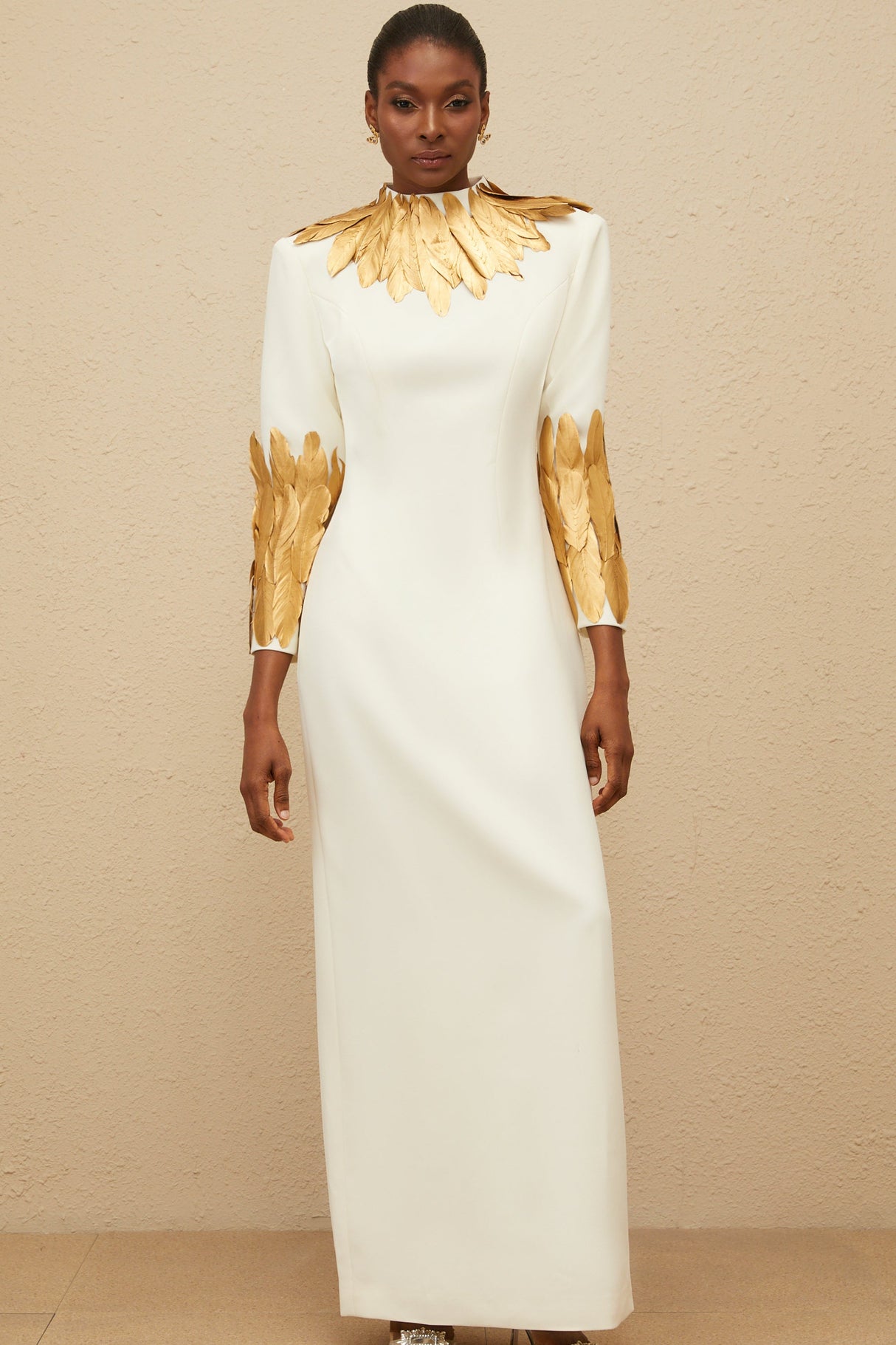 Aurohaya Nocturne White Feather-Trim Maxi Dress
