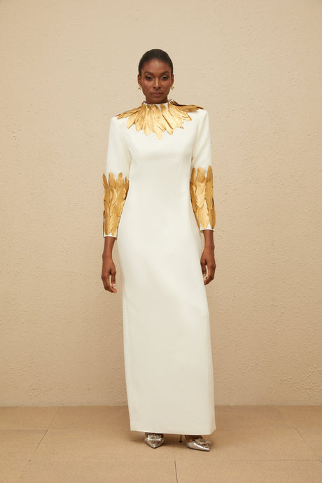 Aurohaya Nocturne White Feather-Trim Maxi Dress