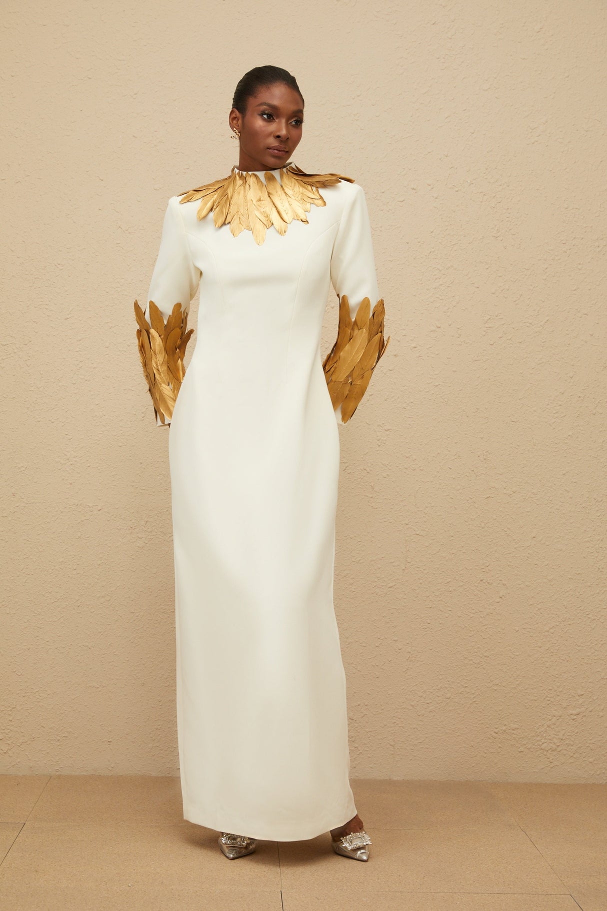 Aurohaya Nocturne White Feather-Trim Maxi Dress