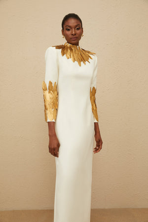Aurohaya Nocturne White Feather-Trim Maxi Dress