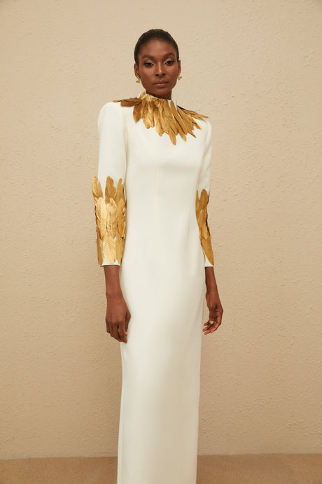 Aurohaya Nocturne White Feather-Trim Maxi Dress