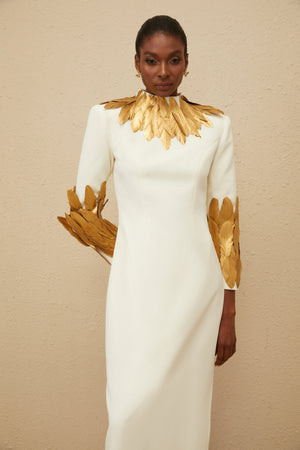 Aurohaya Nocturne White Feather-Trim Maxi Dress