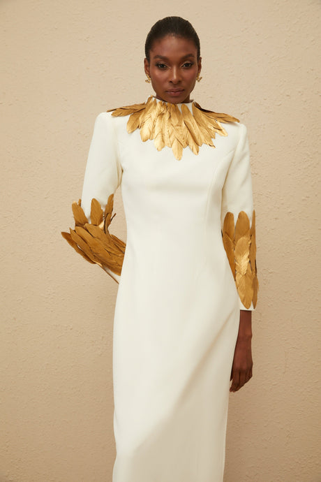 Aurohaya Nocturne White Feather-Trim Maxi Dress