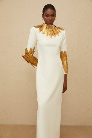 Aurohaya Nocturne White Feather-Trim Maxi Dress