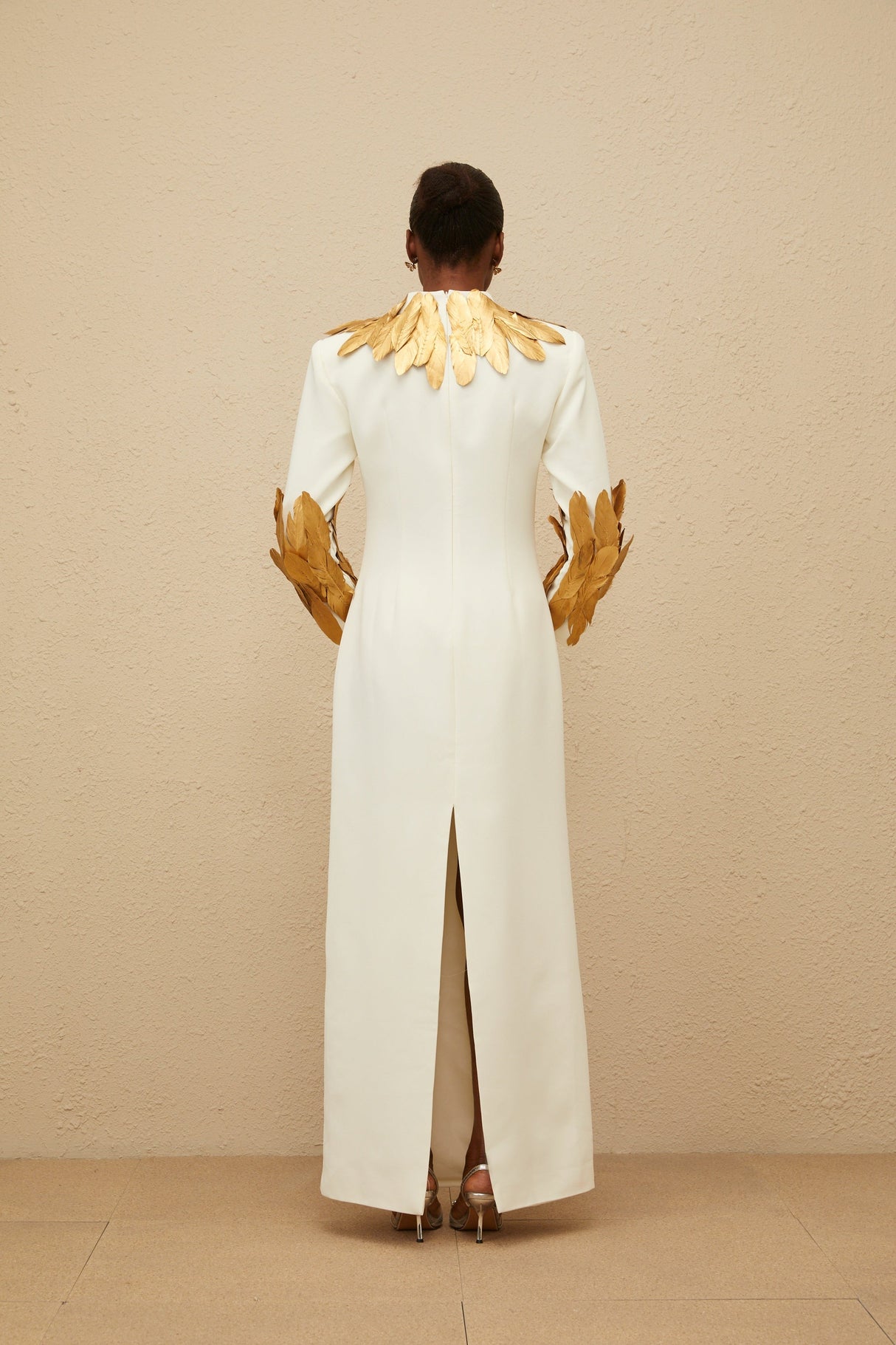 Aurohaya Nocturne White Feather-Trim Maxi Dress