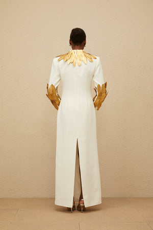 Aurohaya Nocturne White Feather-Trim Maxi Dress