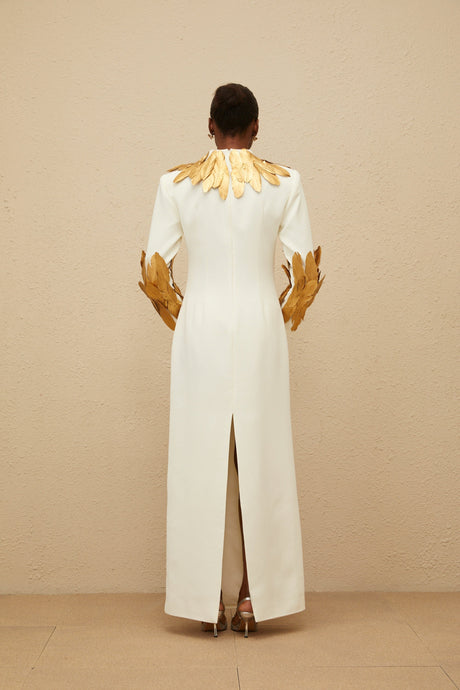 Aurohaya Nocturne White Feather-Trim Maxi Dress