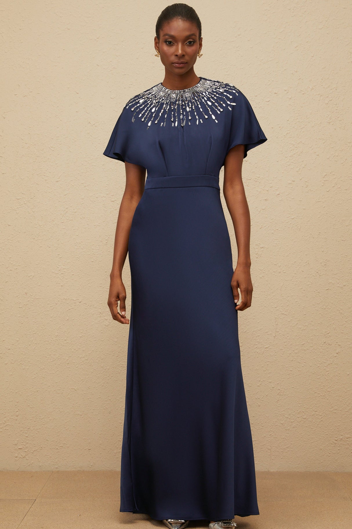 Aurohaya Ombrage Blue Embellished Satin Maxi Dress