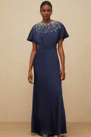 Aurohaya Ombrage Blue Embellished Satin Maxi Dress