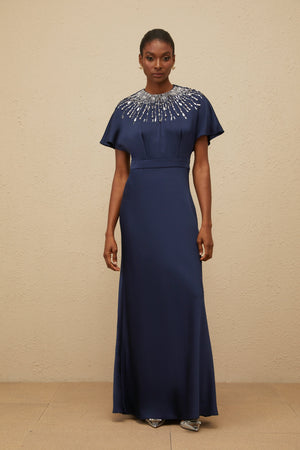 Aurohaya Ombrage Blue Embellished Satin Maxi Dress