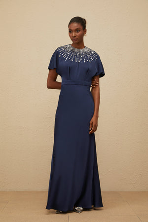 Aurohaya Ombrage Blue Embellished Satin Maxi Dress