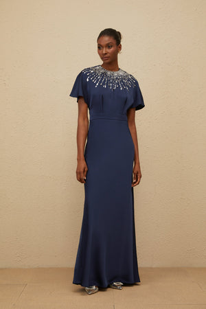 Aurohaya Ombrage Blue Embellished Satin Maxi Dress