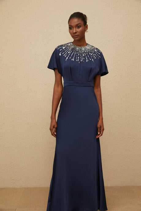 Aurohaya Ombrage Blue Embellished Satin Maxi Dress